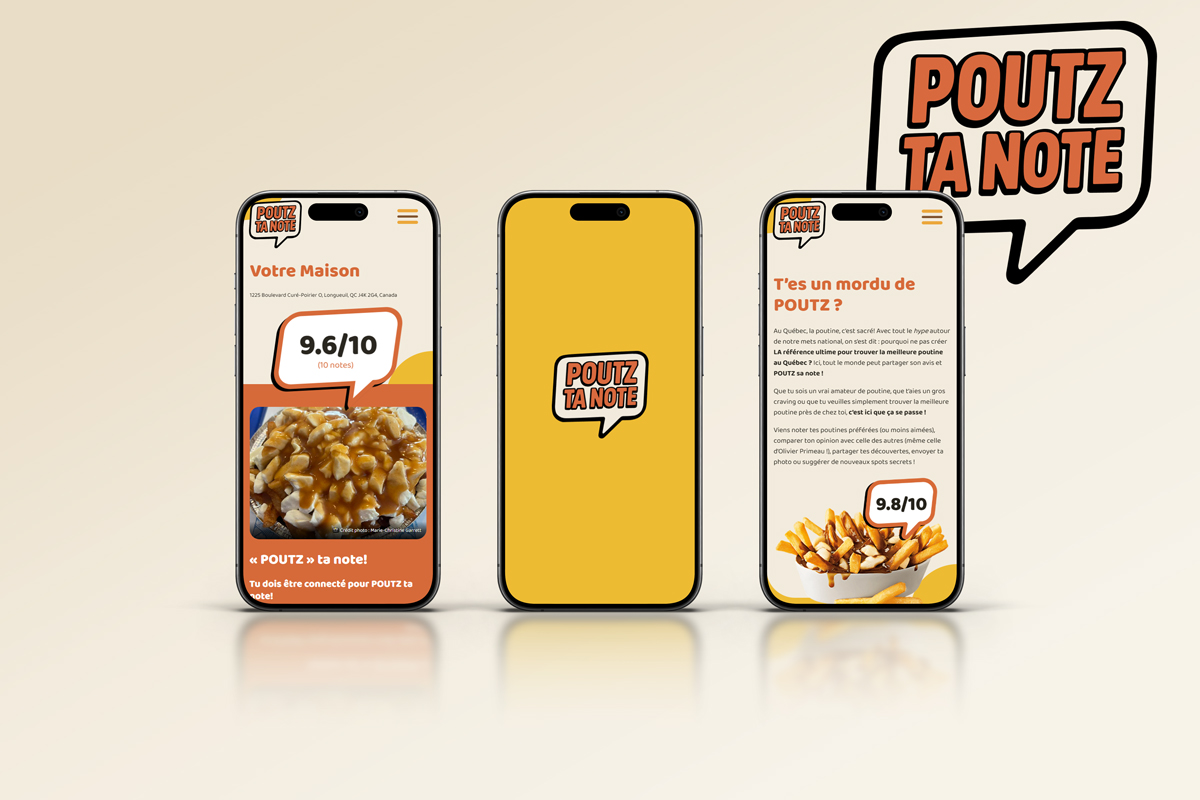 Trois cellulaires alignés : le premier affiche la fiche d'un restaurant, le deuxième son logo sur fond jaune, et le troisième affiche l'écran d'accueil de Poutz ta note.
