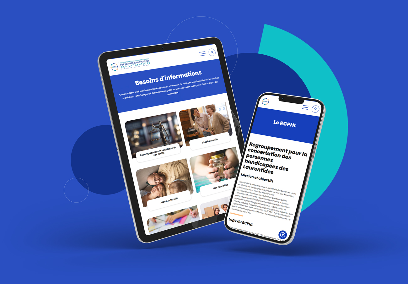 Une tablette qui affiche la page besoin d'informations et un téléphone la page à propos